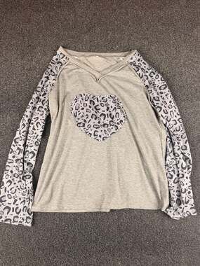 Sheilay Gray Long Sleeve Top with Leopard Print Sleeves and Pearl Heart Applique